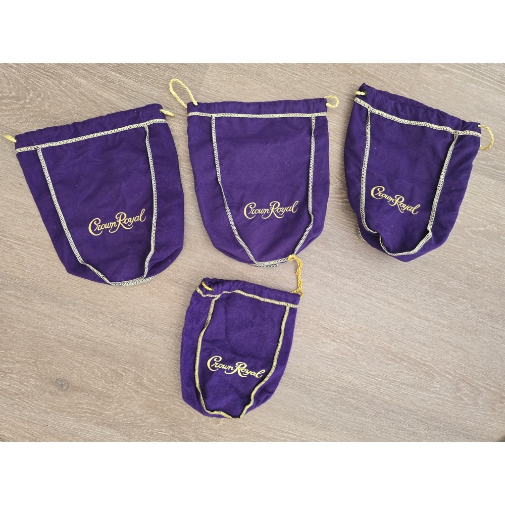 Crown Royale Purple Drawstring Bags Lot of 4 Mixed Sizes GoldEmbroidery Crafting